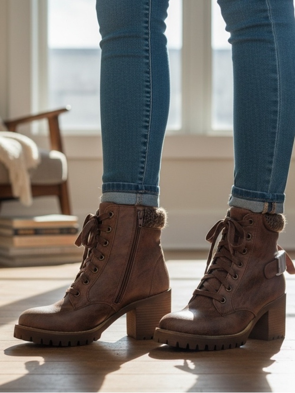 Carlos by Carlos Santana Brown Lace-Up Block Heel Boots with Cloth Trim